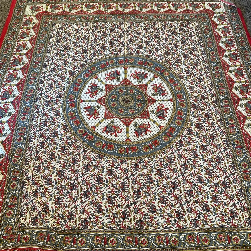 Indian Elephant Mandala Cotton Tapestry Red Grey Floral Boho Wall Hanging Throw